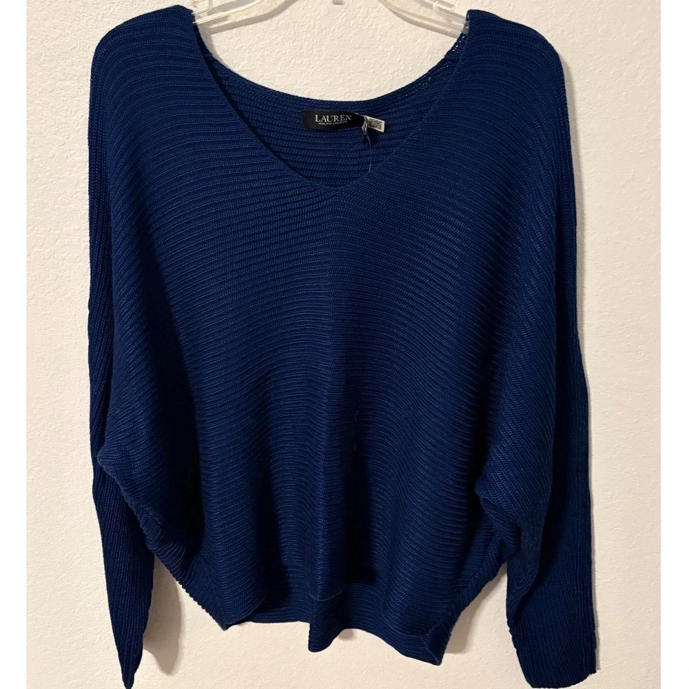 NWT Lauren Ralph Lauren Navy Blue Ribbed V-Neck Dolman Sleeve Sweater XL - Picture 3 of 8